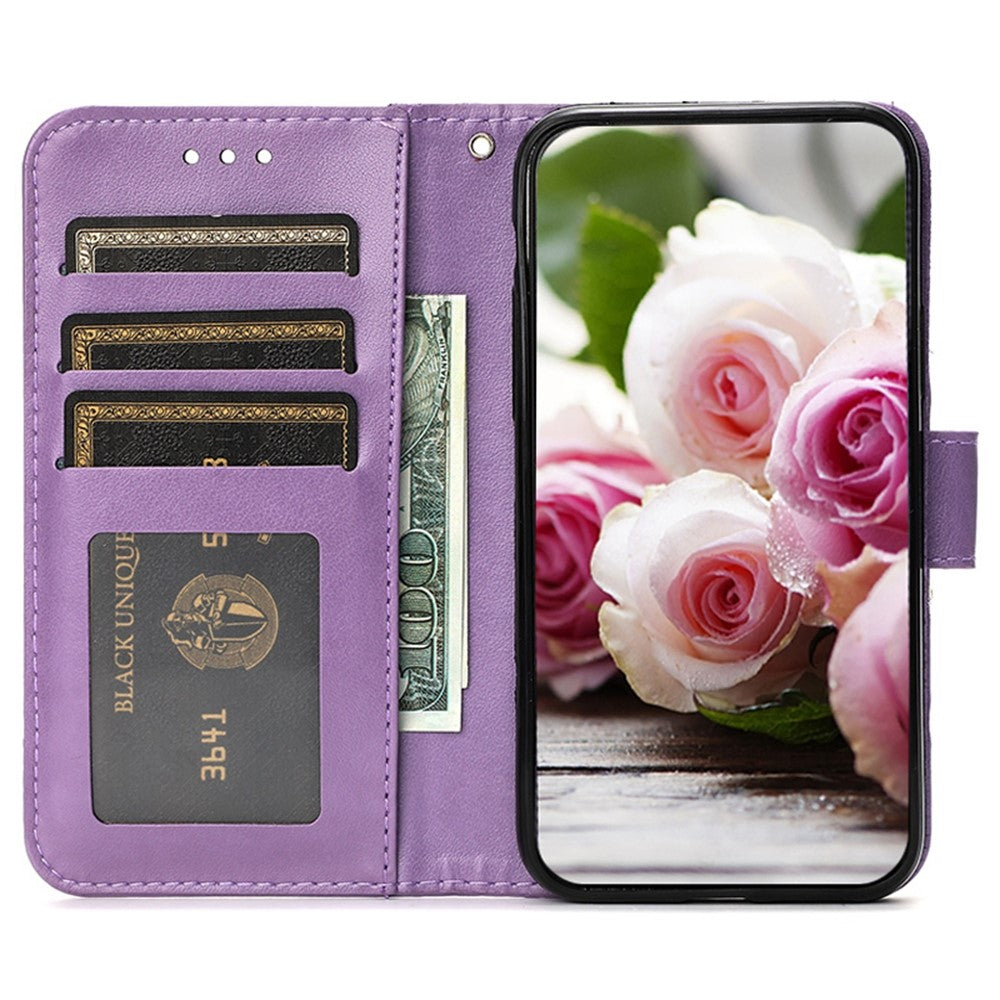 For Samsung Galaxy A57 5G Case Wallet Stand Imprinted Rose Butterfly PU Leather Phone Cover - Purple