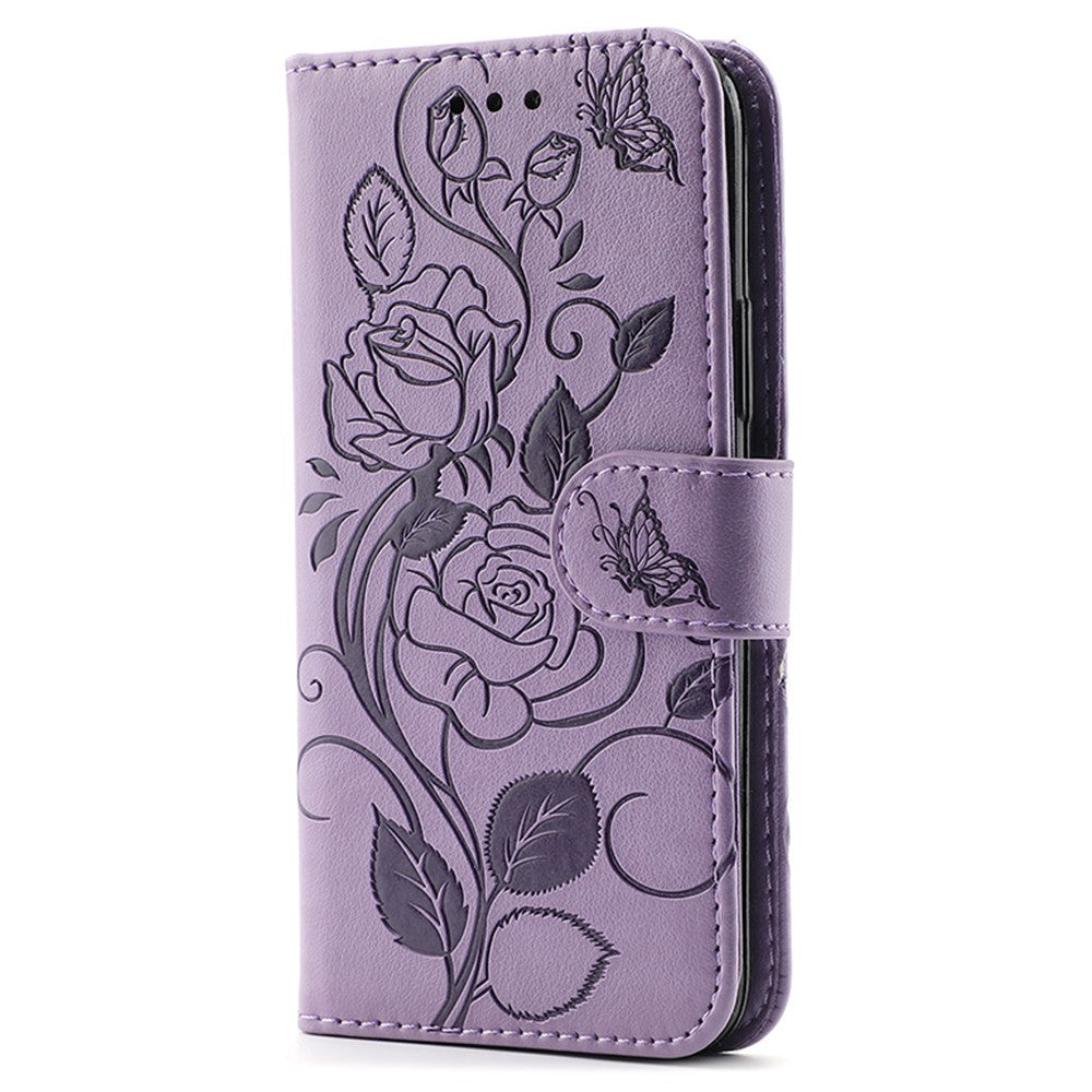 For Samsung Galaxy A57 5G Case Wallet Stand Imprinted Rose Butterfly PU Leather Phone Cover - Purple