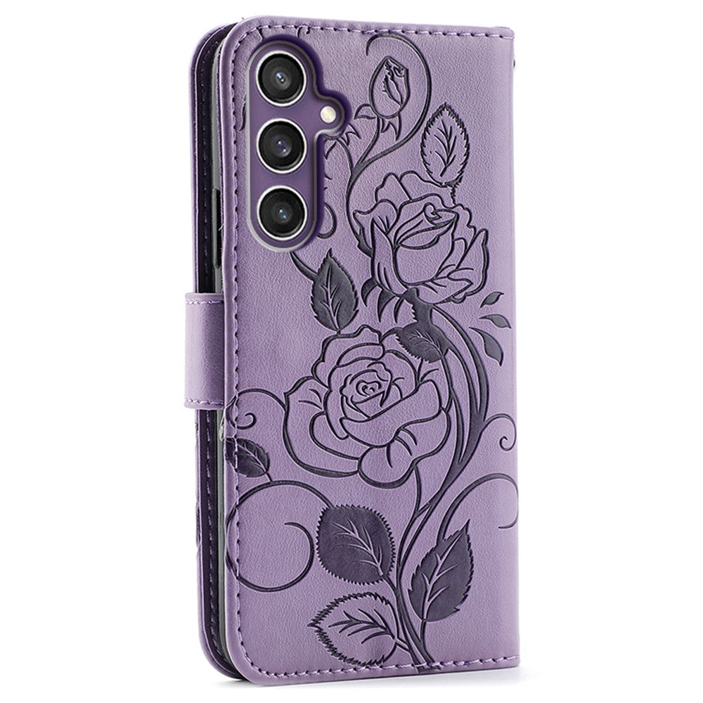 For Samsung Galaxy A57 5G Case Wallet Stand Imprinted Rose Butterfly PU Leather Phone Cover - Purple