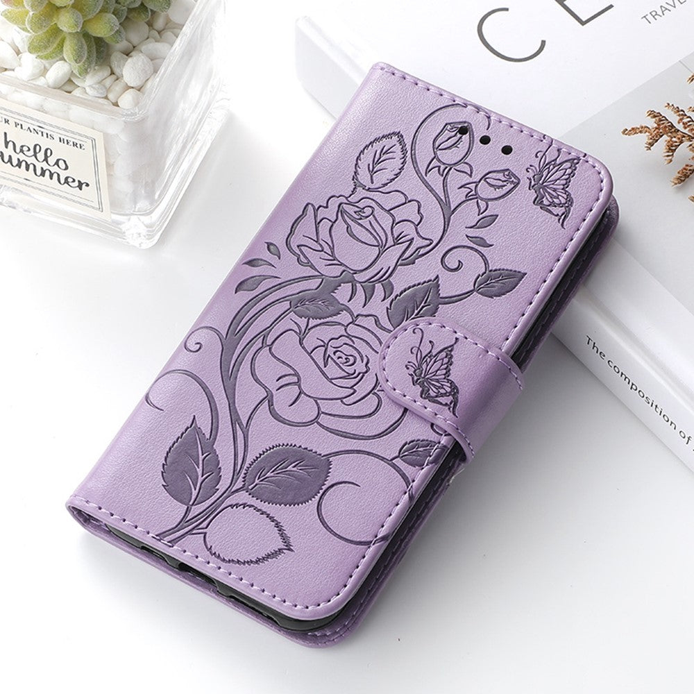For Samsung Galaxy A57 5G Case Wallet Stand Imprinted Rose Butterfly PU Leather Phone Cover - Purple