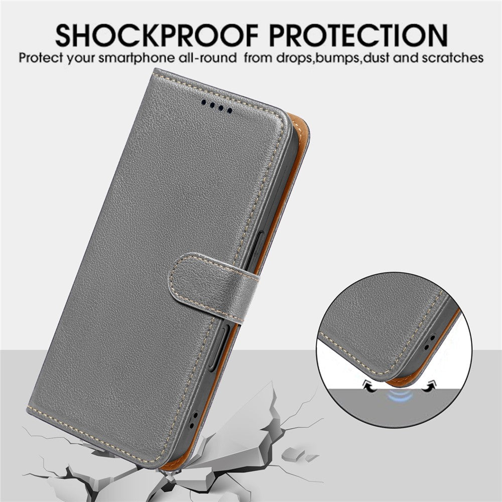 For Samsung Galaxy A57 5G Case RFID Blocking Wallet Litchi Texture Leather Phone Cover Magnetic Clasp - Grey