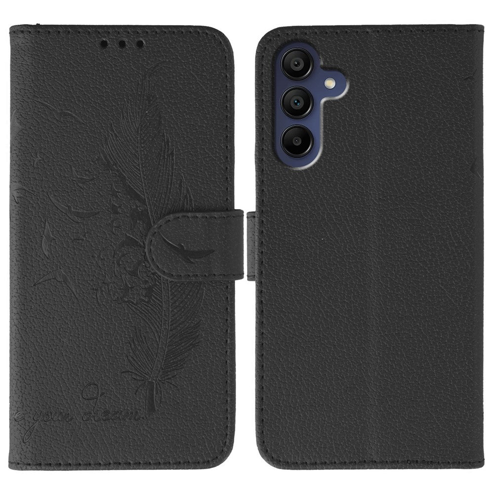 For Samsung Galaxy A57 5G Case Feather Imprint PU Leather Wallet Phone Cover - Black