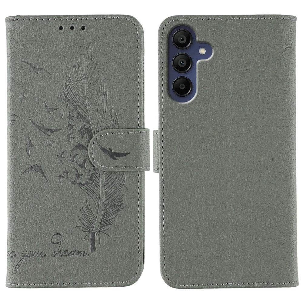 For Samsung Galaxy A57 5G Case Feather Imprint PU Leather Wallet Phone Cover - Grey