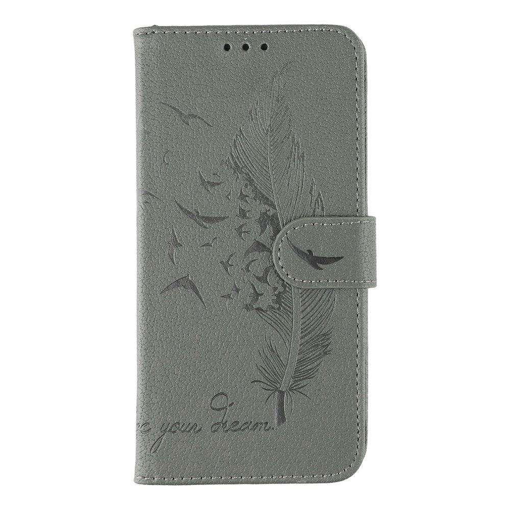 For Samsung Galaxy A57 5G Case Feather Imprint PU Leather Wallet Phone Cover - Grey