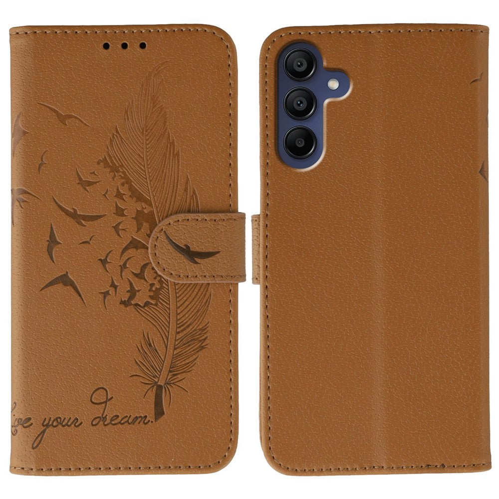 For Samsung Galaxy A57 5G Case Feather Imprint PU Leather Wallet Phone Cover - Brown