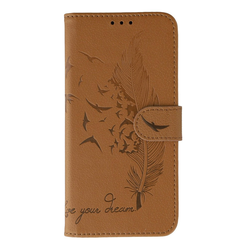 For Samsung Galaxy A57 5G Case Feather Imprint PU Leather Wallet Phone Cover - Brown