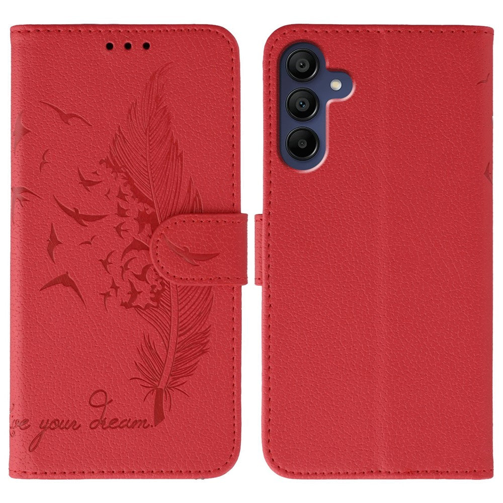 For Samsung Galaxy A57 5G Case Feather Imprint PU Leather Wallet Phone Cover - Red