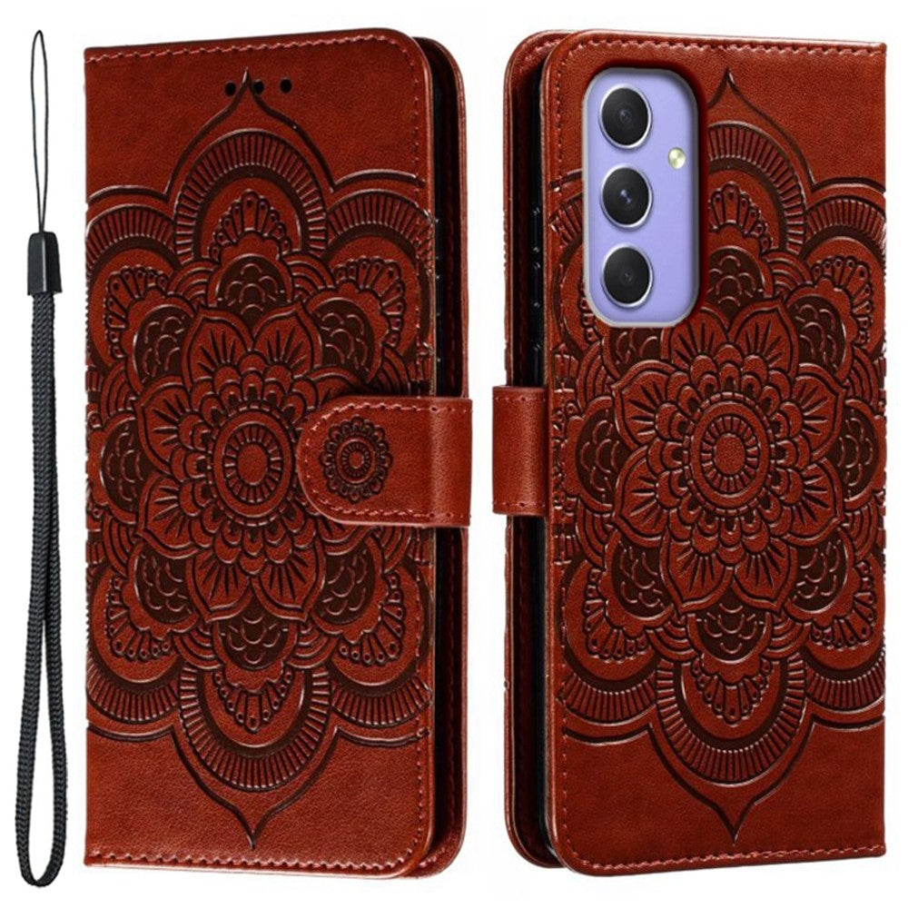 For Samsung Galaxy A57 5G Case PU Leather Mandala Imprinted Design Wallet Phone Cover with Wrist Strap - Brown