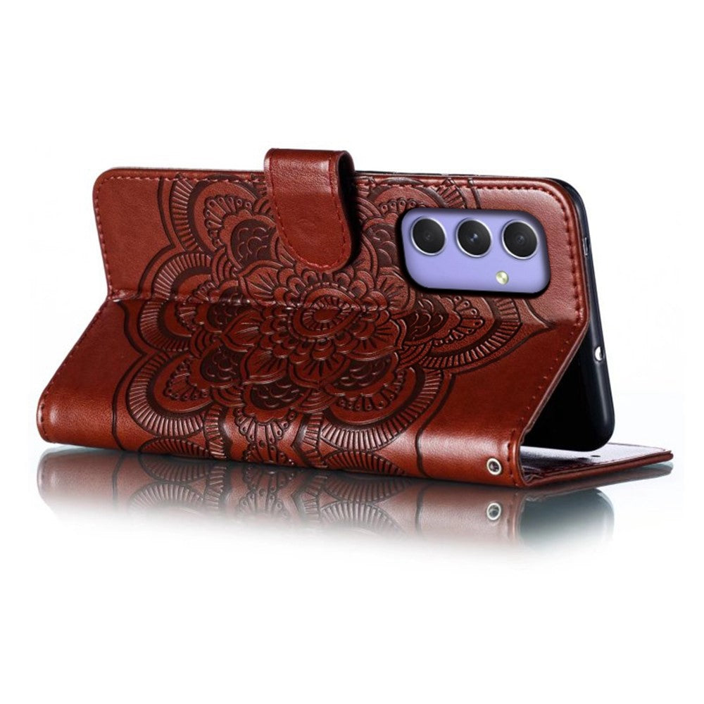 For Samsung Galaxy A57 5G Case PU Leather Mandala Imprinted Design Wallet Phone Cover with Wrist Strap - Brown