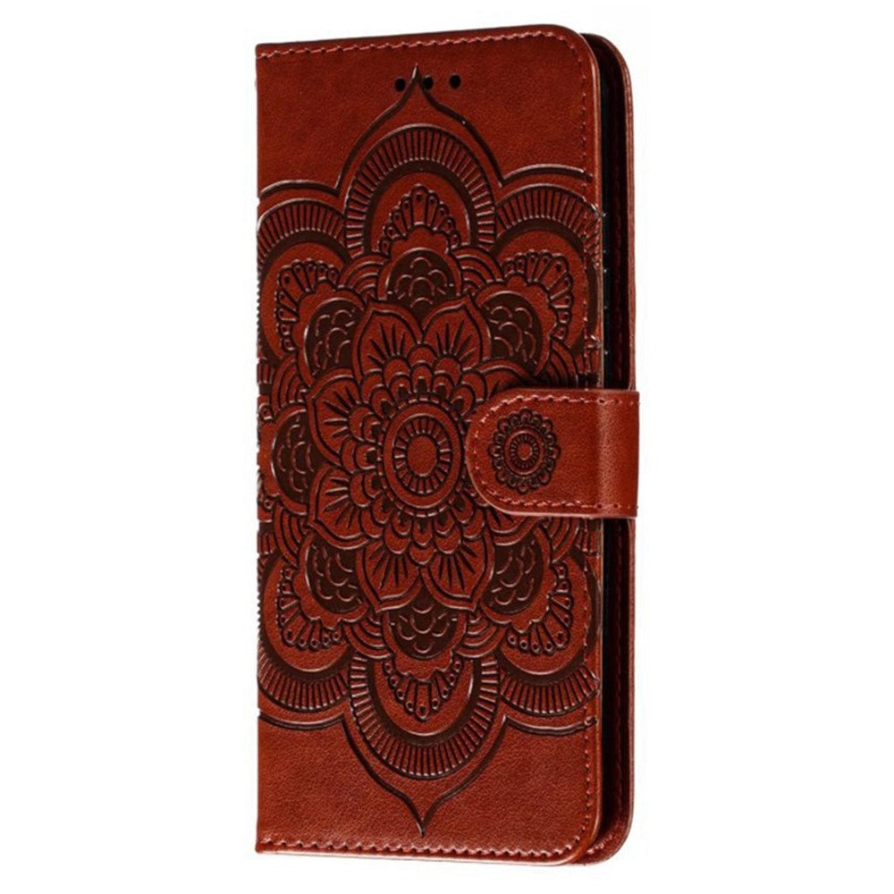 For Samsung Galaxy A57 5G Case PU Leather Mandala Imprinted Design Wallet Phone Cover with Wrist Strap - Brown