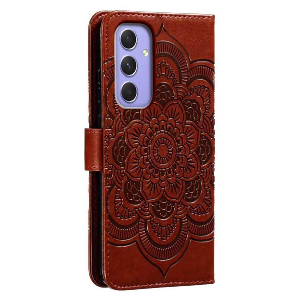 For Samsung Galaxy A57 5G Case PU Leather Mandala Imprinted Design Wallet Phone Cover with Wrist Strap - Brown