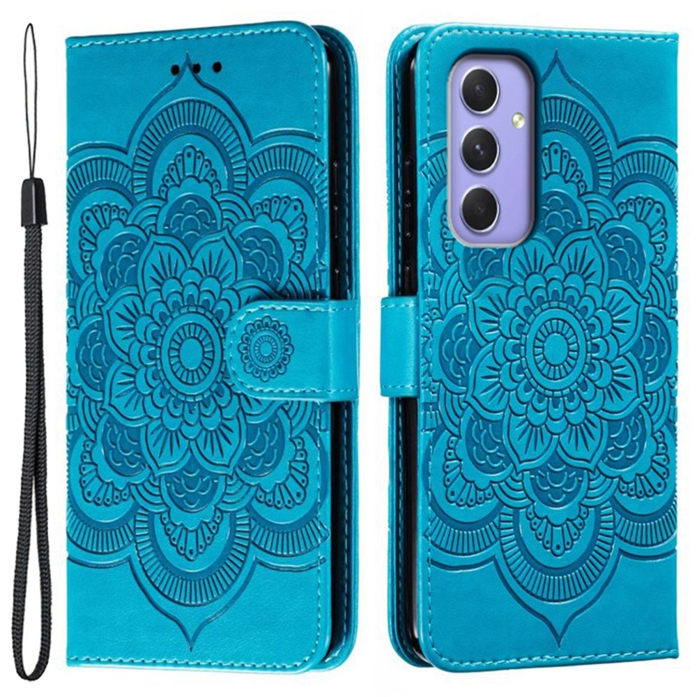 For Samsung Galaxy A57 5G Case PU Leather Mandala Imprinted Design Wallet Phone Cover with Wrist Strap - Blue
