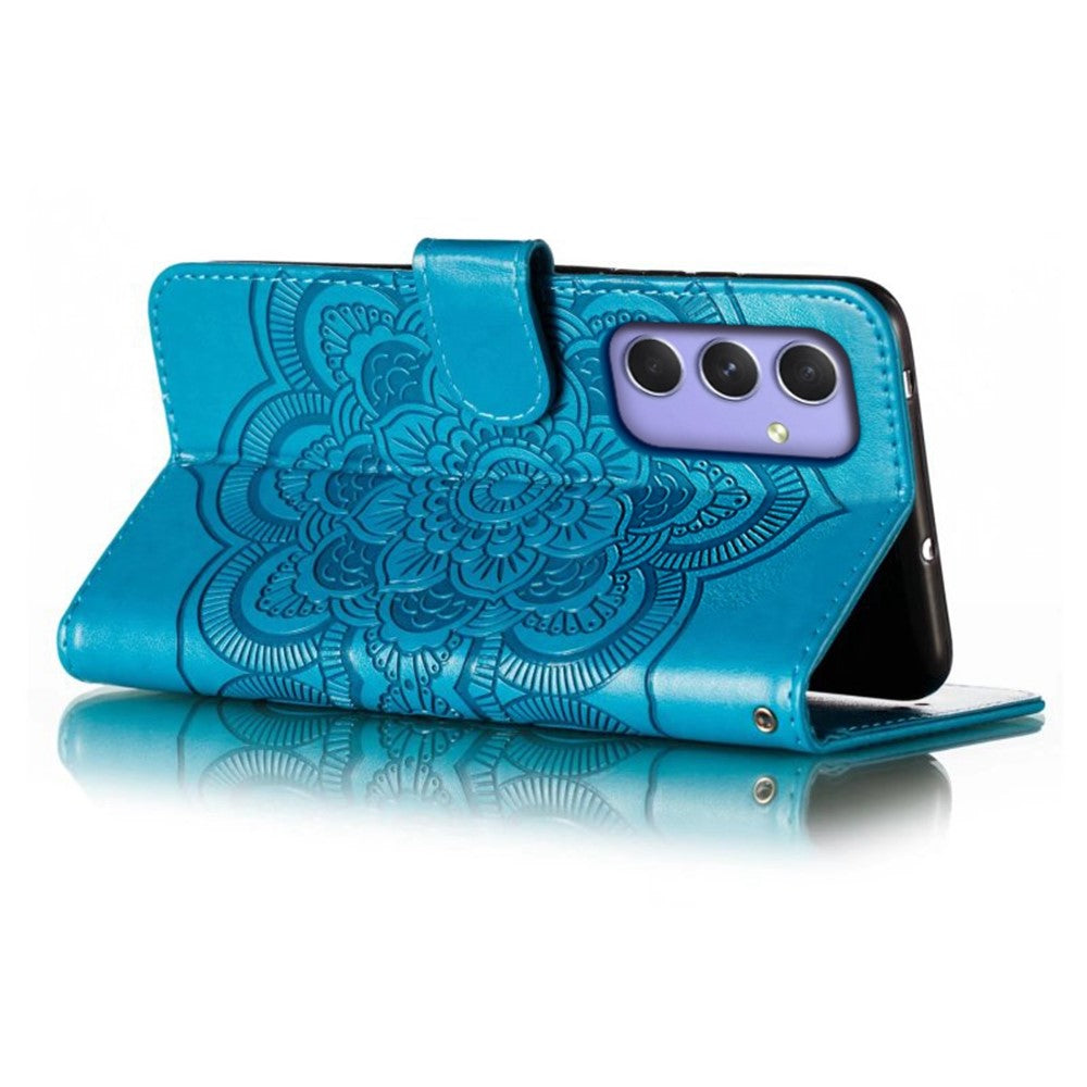 For Samsung Galaxy A57 5G Case PU Leather Mandala Imprinted Design Wallet Phone Cover with Wrist Strap - Blue