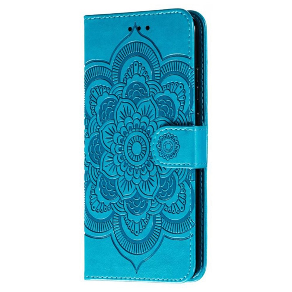 For Samsung Galaxy A57 5G Case PU Leather Mandala Imprinted Design Wallet Phone Cover with Wrist Strap - Blue
