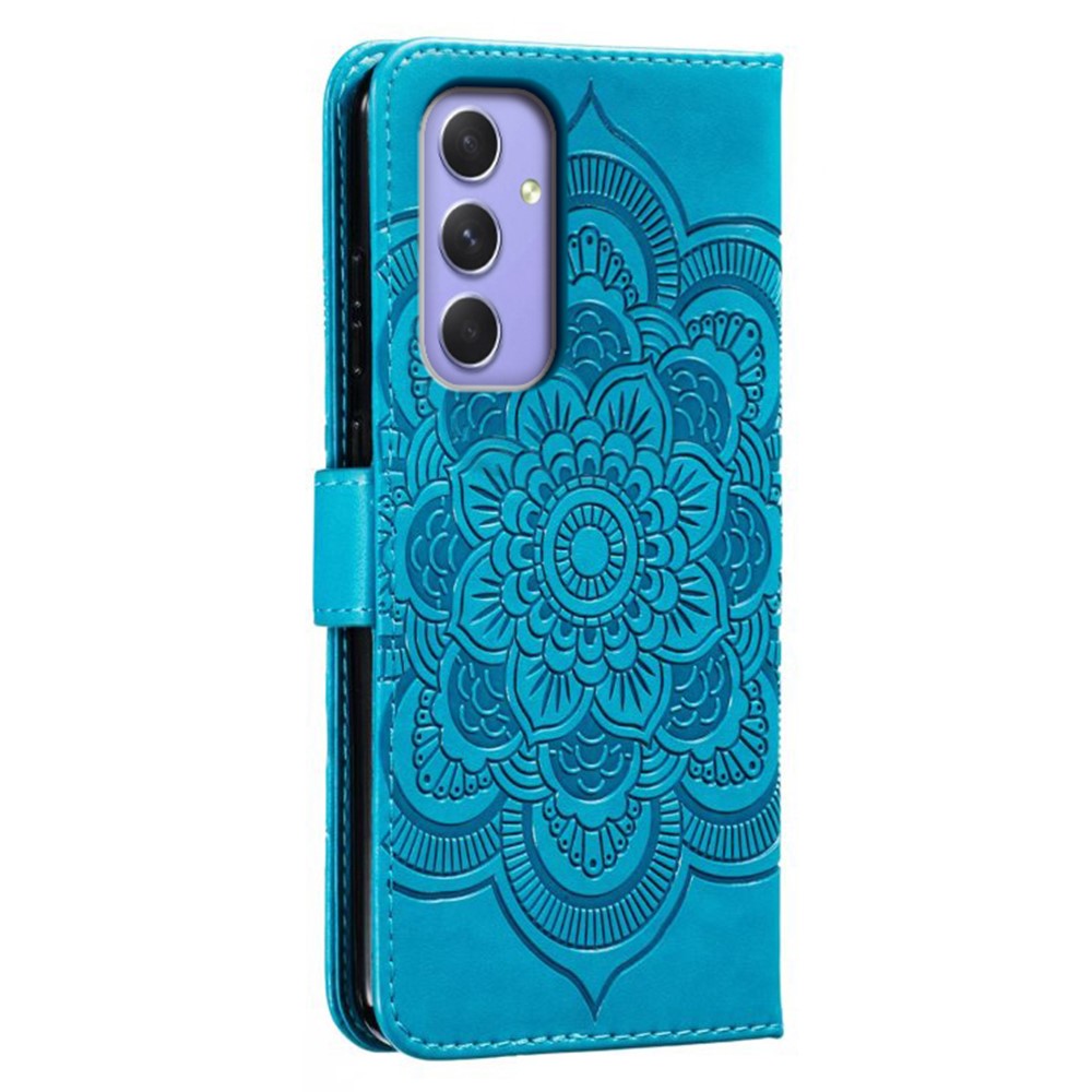 For Samsung Galaxy A57 5G Case PU Leather Mandala Imprinted Design Wallet Phone Cover with Wrist Strap - Blue