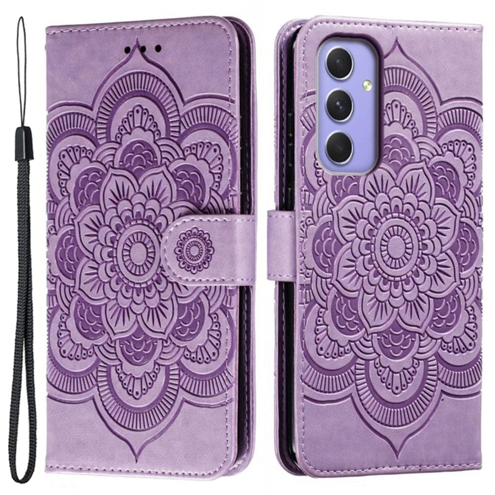 For Samsung Galaxy A57 5G Case PU Leather Mandala Imprinted Design Wallet Phone Cover with Wrist Strap - Purple