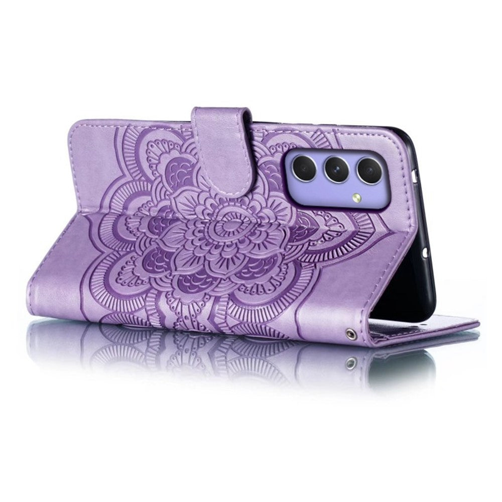 For Samsung Galaxy A57 5G Case PU Leather Mandala Imprinted Design Wallet Phone Cover with Wrist Strap - Purple