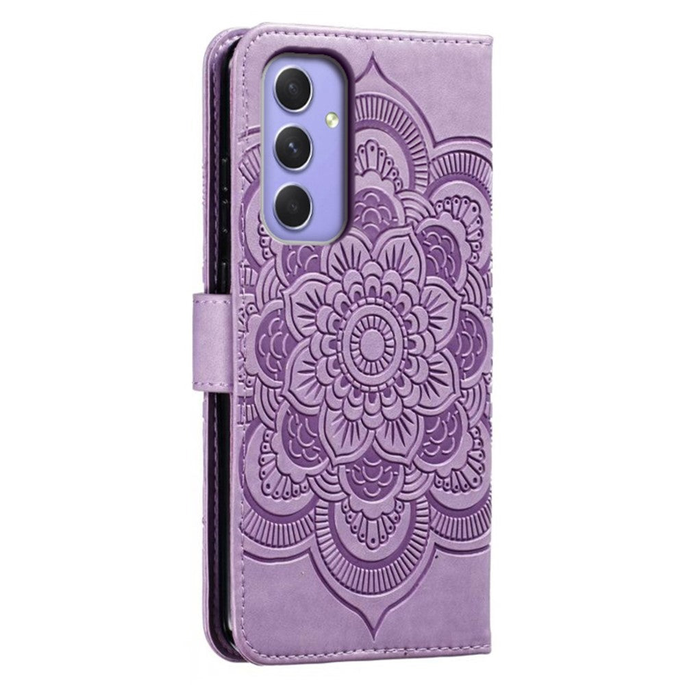 For Samsung Galaxy A57 5G Case PU Leather Mandala Imprinted Design Wallet Phone Cover with Wrist Strap - Purple