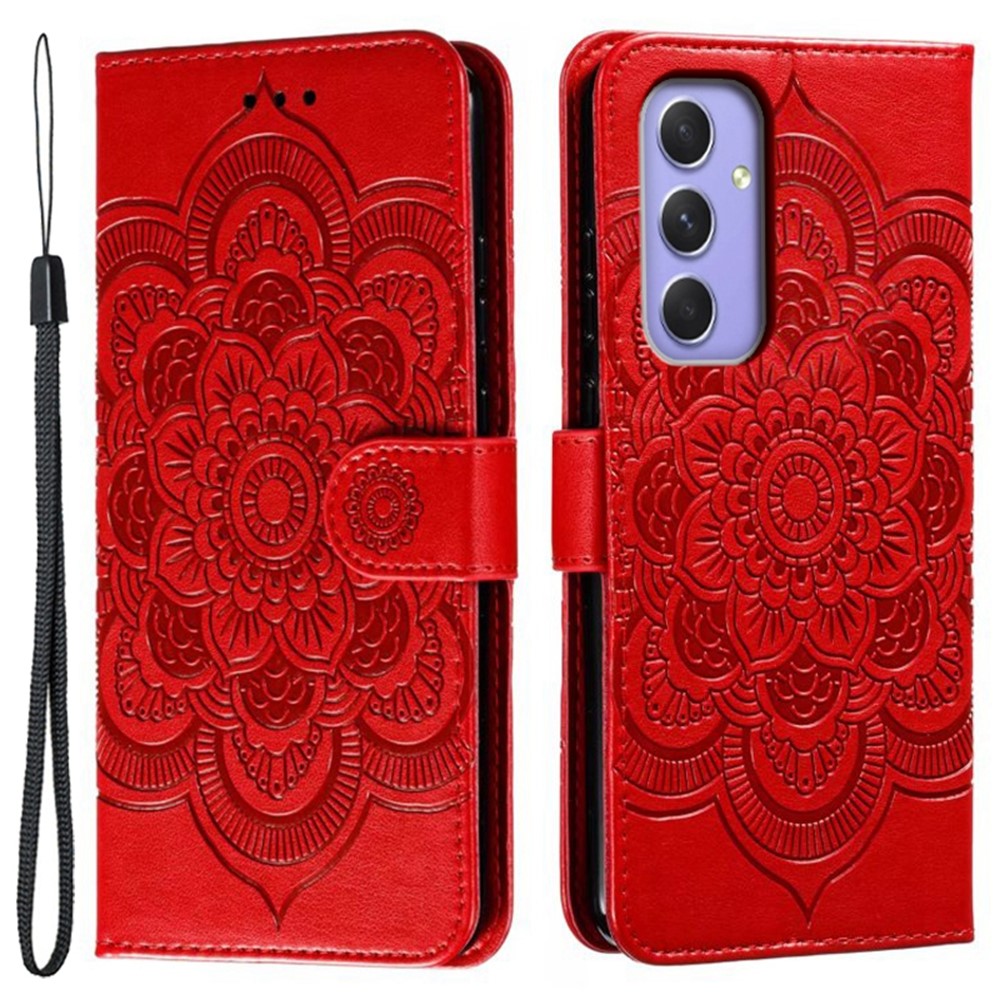 For Samsung Galaxy A57 5G Case PU Leather Mandala Imprinted Design Wallet Phone Cover with Wrist Strap - Red