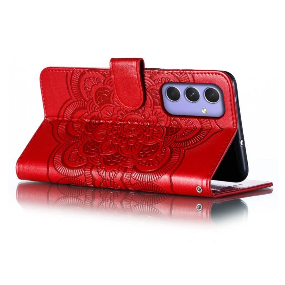 For Samsung Galaxy A57 5G Case PU Leather Mandala Imprinted Design Wallet Phone Cover with Wrist Strap - Red