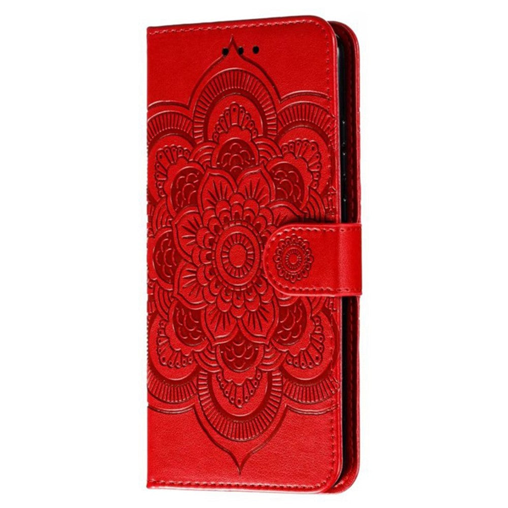 For Samsung Galaxy A57 5G Case PU Leather Mandala Imprinted Design Wallet Phone Cover with Wrist Strap - Red