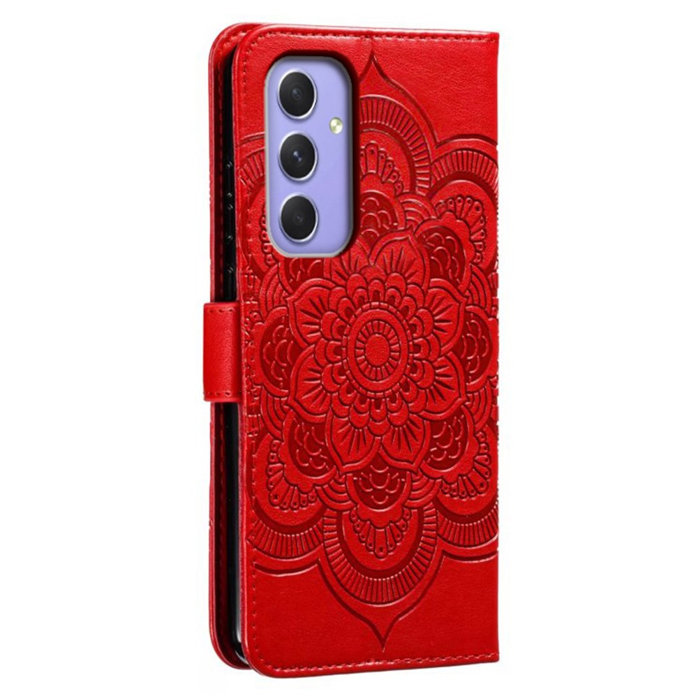 For Samsung Galaxy A57 5G Case PU Leather Mandala Imprinted Design Wallet Phone Cover with Wrist Strap - Red