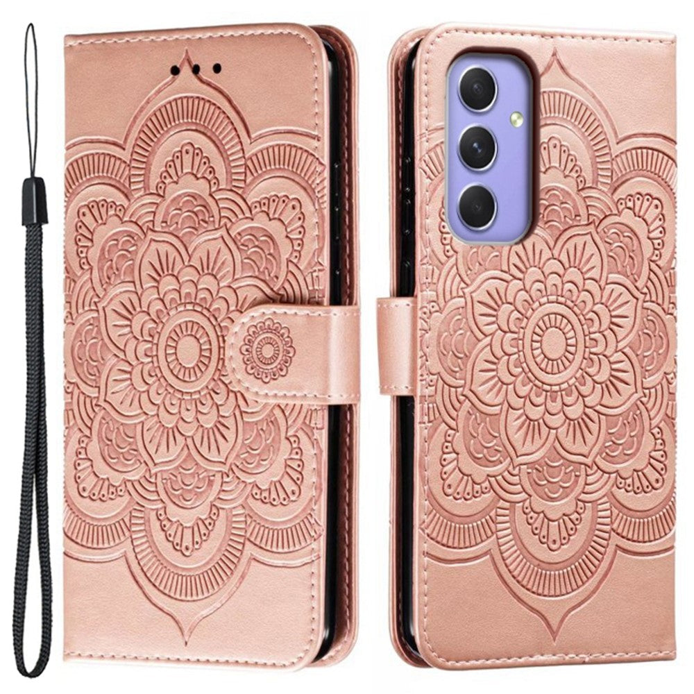 For Samsung Galaxy A57 5G Case PU Leather Mandala Imprinted Design Wallet Phone Cover with Wrist Strap - Rose Gold