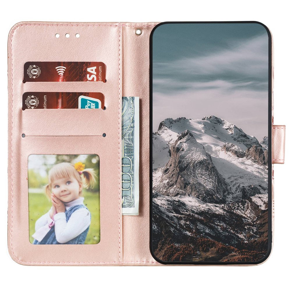 For Samsung Galaxy A57 5G Case PU Leather Mandala Imprinted Design Wallet Phone Cover with Wrist Strap - Rose Gold