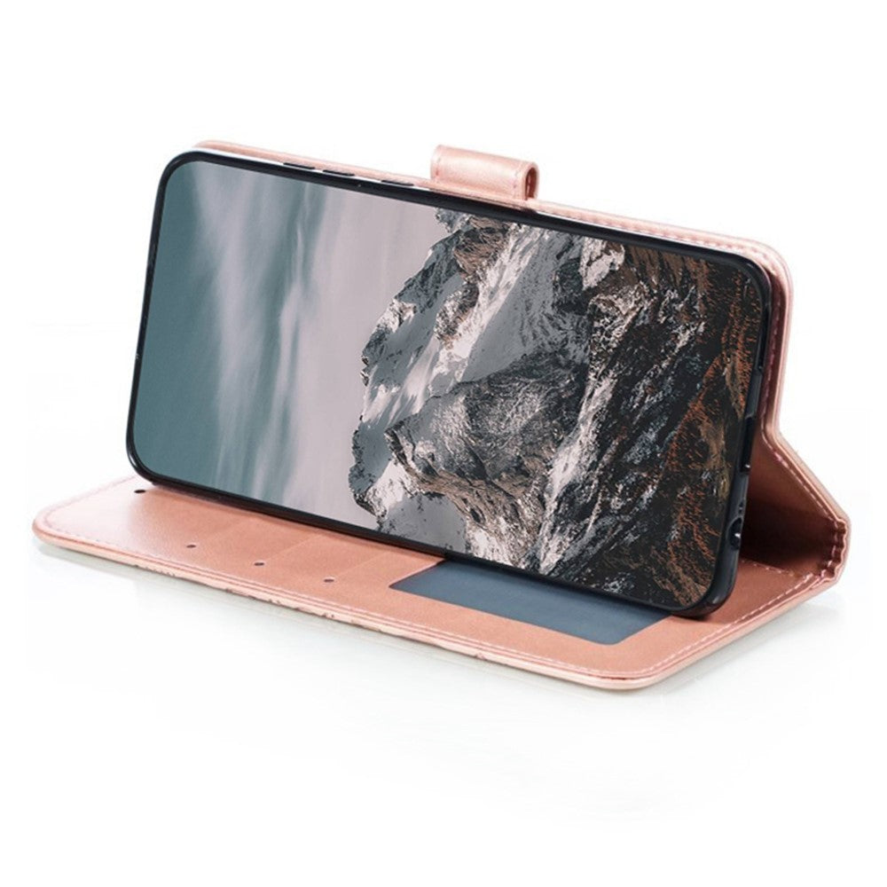 For Samsung Galaxy A57 5G Case PU Leather Mandala Imprinted Design Wallet Phone Cover with Wrist Strap - Rose Gold