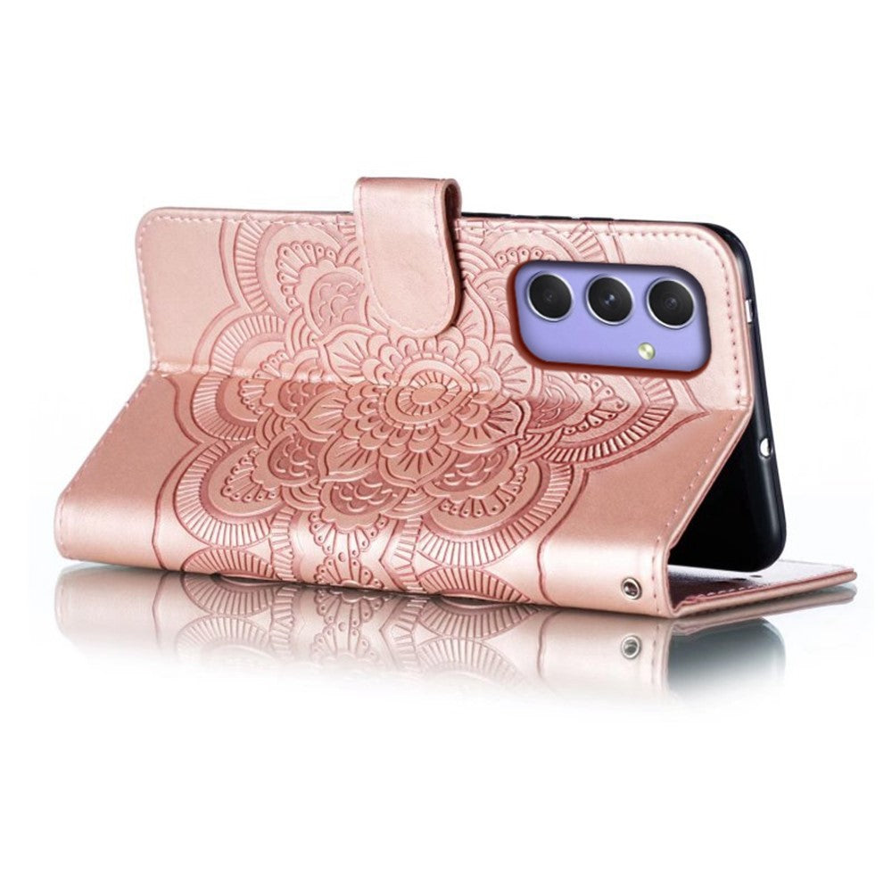 For Samsung Galaxy A57 5G Case PU Leather Mandala Imprinted Design Wallet Phone Cover with Wrist Strap - Rose Gold