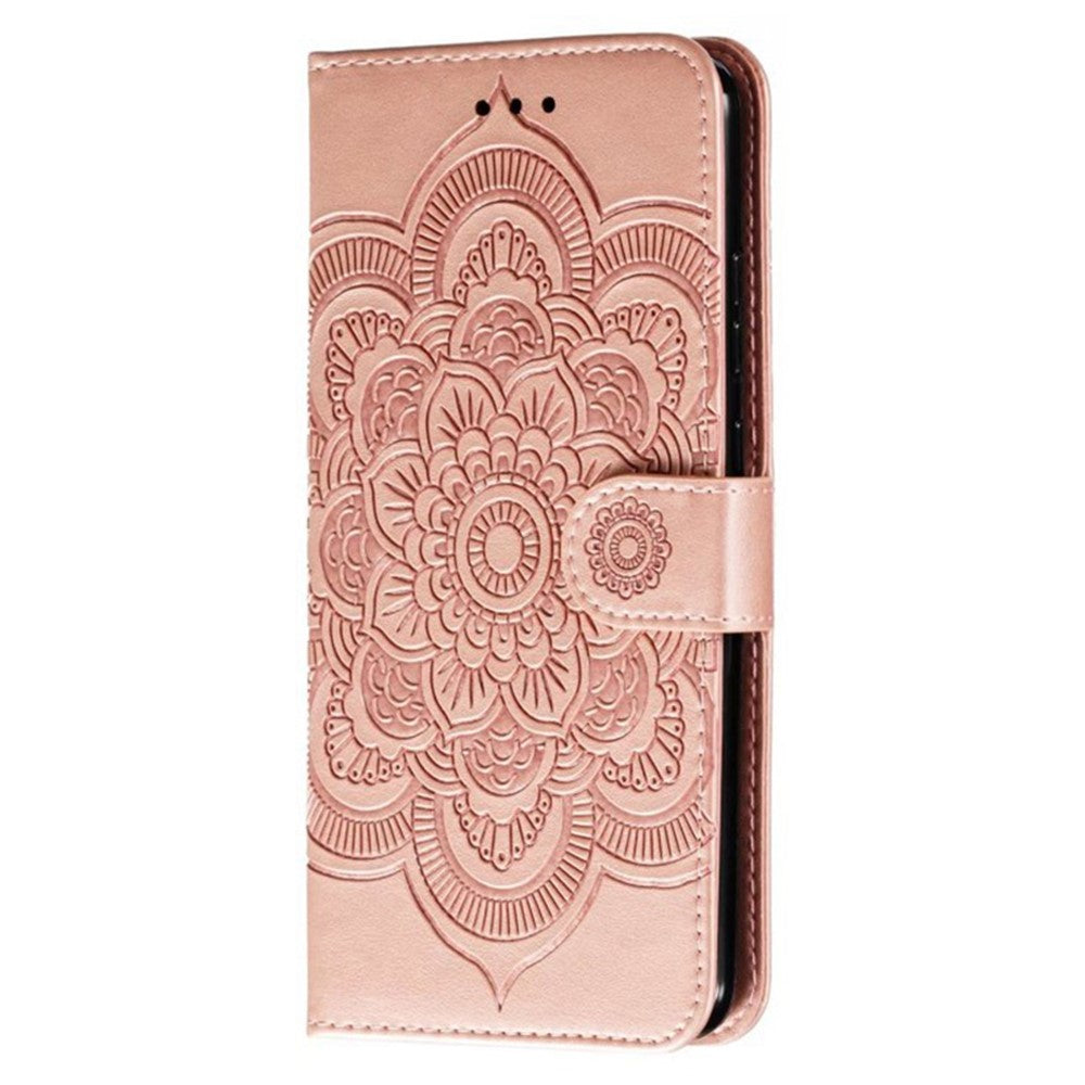 For Samsung Galaxy A57 5G Case PU Leather Mandala Imprinted Design Wallet Phone Cover with Wrist Strap - Rose Gold