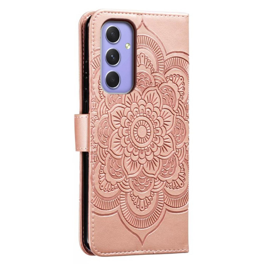 For Samsung Galaxy A57 5G Case PU Leather Mandala Imprinted Design Wallet Phone Cover with Wrist Strap - Rose Gold