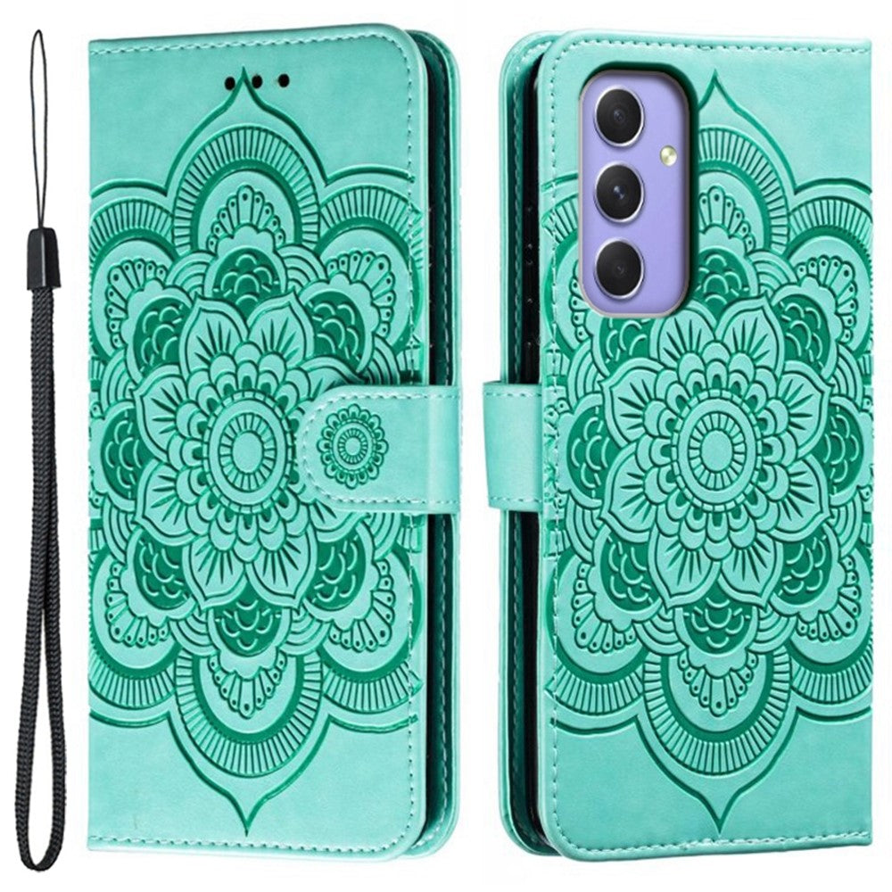 For Samsung Galaxy A57 5G Case PU Leather Mandala Imprinted Design Wallet Phone Cover with Wrist Strap - Green