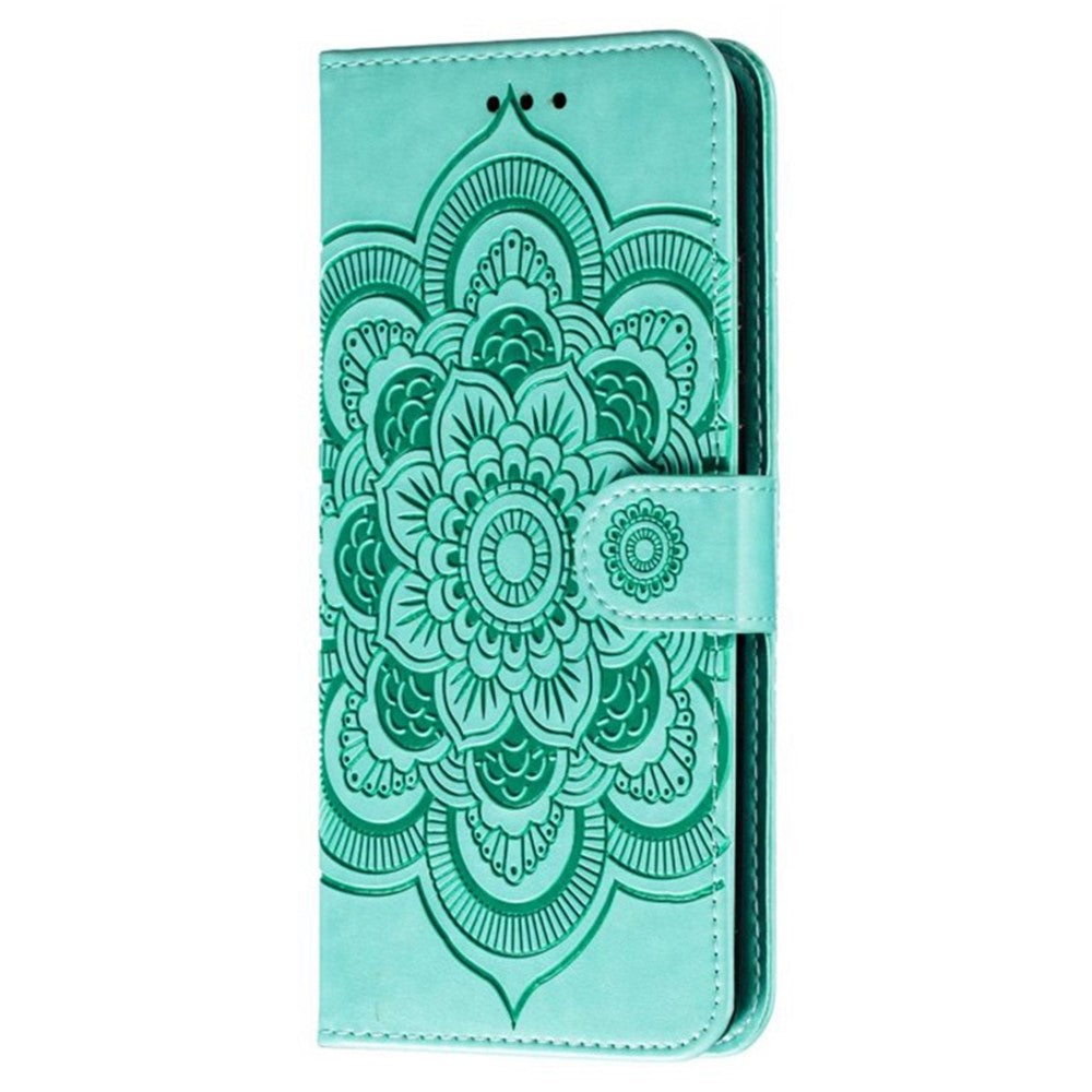 For Samsung Galaxy A57 5G Case PU Leather Mandala Imprinted Design Wallet Phone Cover with Wrist Strap - Green