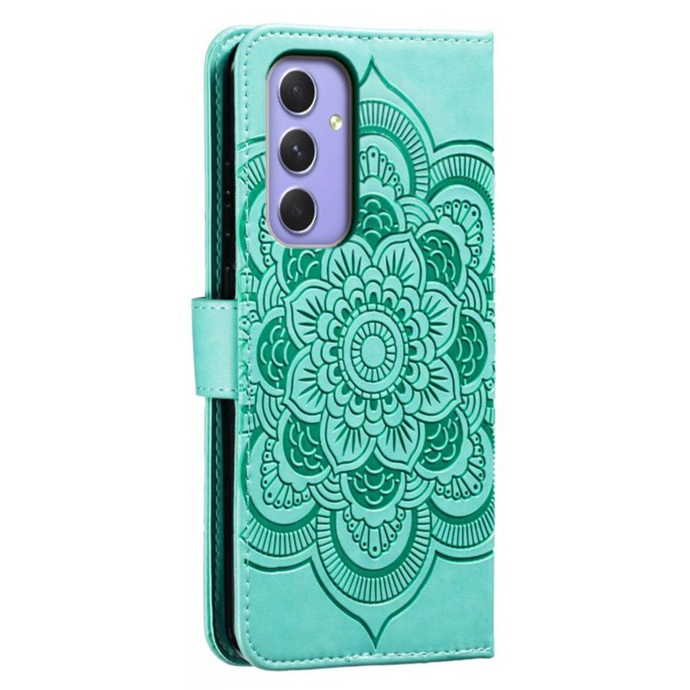 For Samsung Galaxy A57 5G Case PU Leather Mandala Imprinted Design Wallet Phone Cover with Wrist Strap - Green