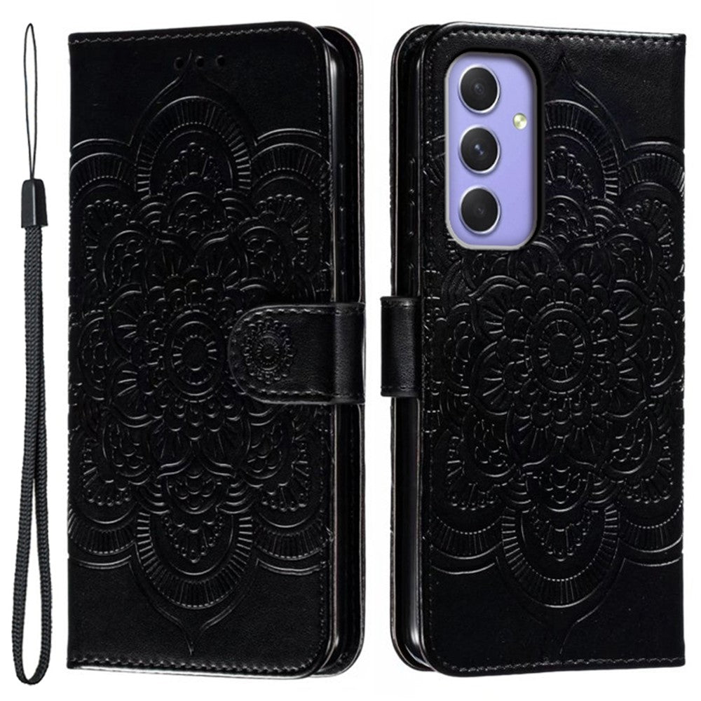 For Samsung Galaxy A57 5G Case PU Leather Mandala Imprinted Design Wallet Phone Cover with Wrist Strap - Black