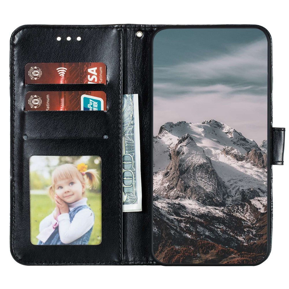 For Samsung Galaxy A57 5G Case PU Leather Mandala Imprinted Design Wallet Phone Cover with Wrist Strap - Black