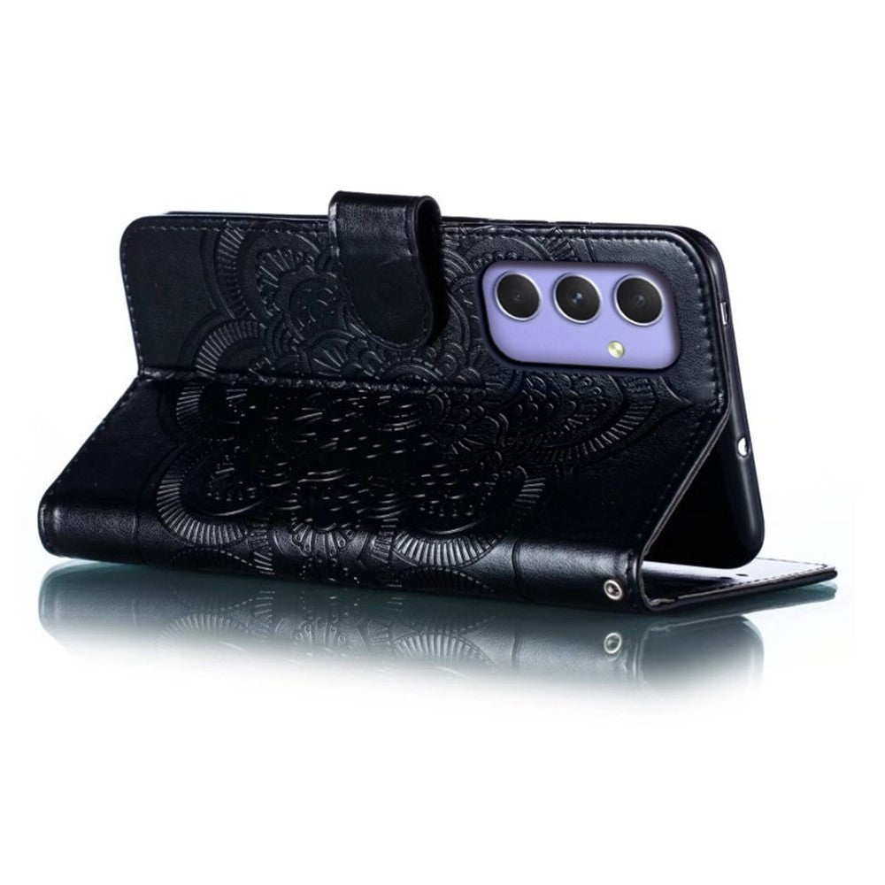 For Samsung Galaxy A57 5G Case PU Leather Mandala Imprinted Design Wallet Phone Cover with Wrist Strap - Black