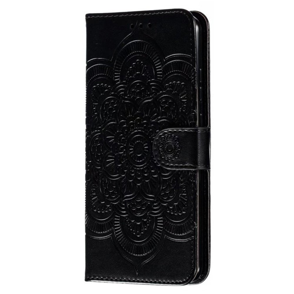 For Samsung Galaxy A57 5G Case PU Leather Mandala Imprinted Design Wallet Phone Cover with Wrist Strap - Black