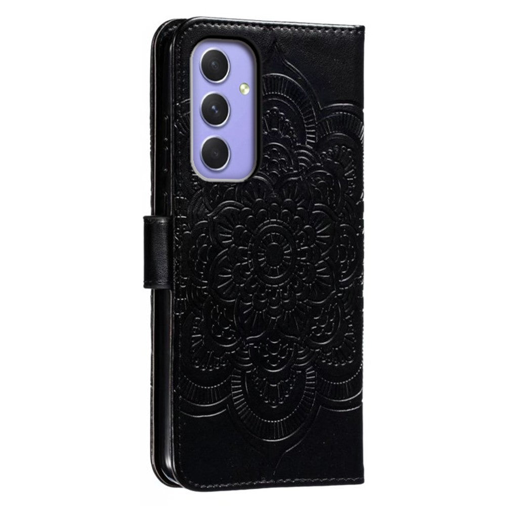 For Samsung Galaxy A57 5G Case PU Leather Mandala Imprinted Design Wallet Phone Cover with Wrist Strap - Black