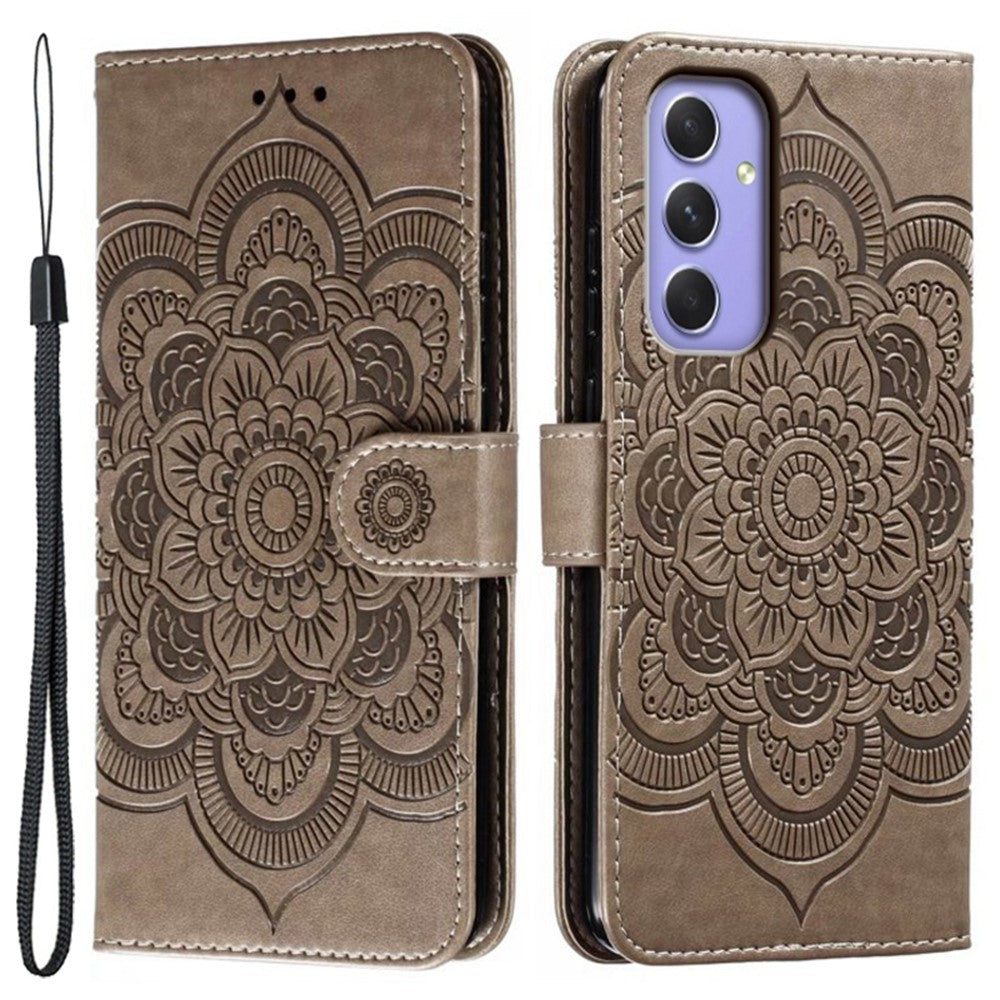 For Samsung Galaxy A57 5G Case PU Leather Mandala Imprinted Design Wallet Phone Cover with Wrist Strap - Grey