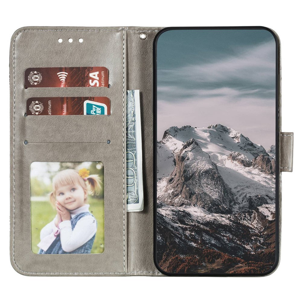 For Samsung Galaxy A57 5G Case PU Leather Mandala Imprinted Design Wallet Phone Cover with Wrist Strap - Grey