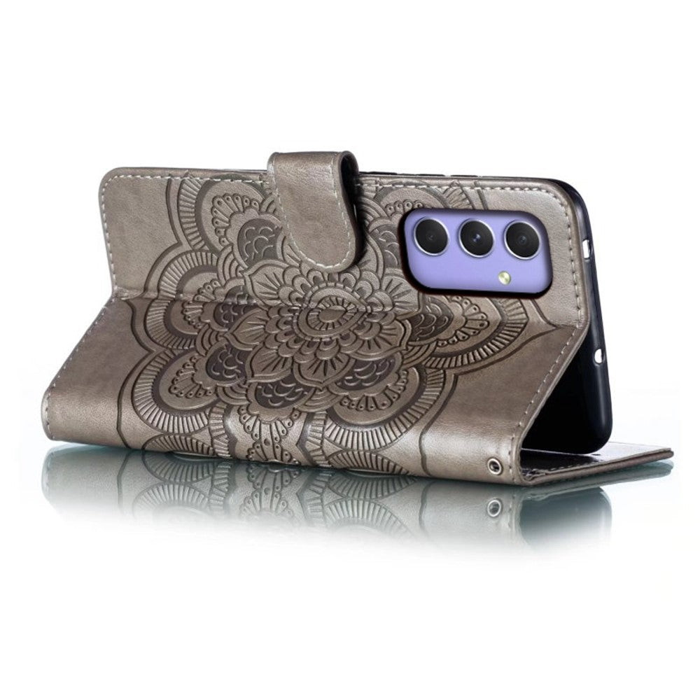 For Samsung Galaxy A57 5G Case PU Leather Mandala Imprinted Design Wallet Phone Cover with Wrist Strap - Grey