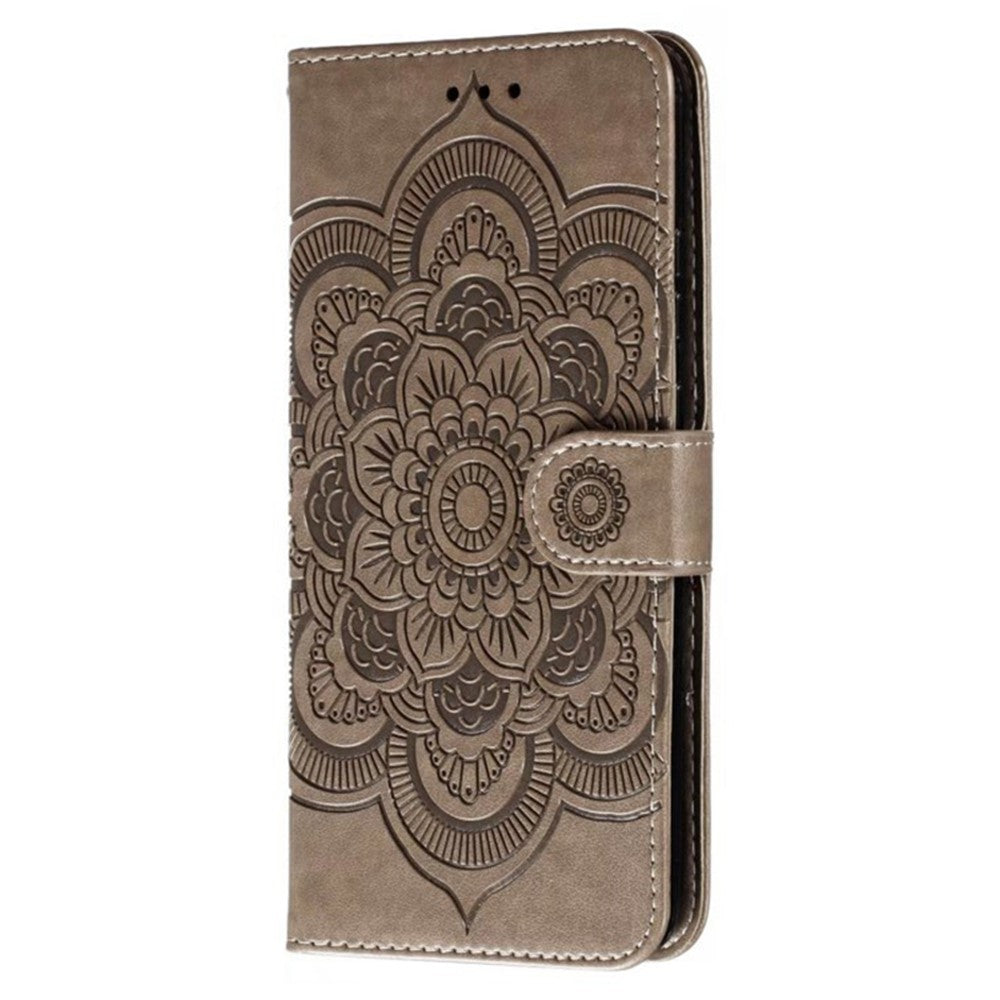 For Samsung Galaxy A57 5G Case PU Leather Mandala Imprinted Design Wallet Phone Cover with Wrist Strap - Grey