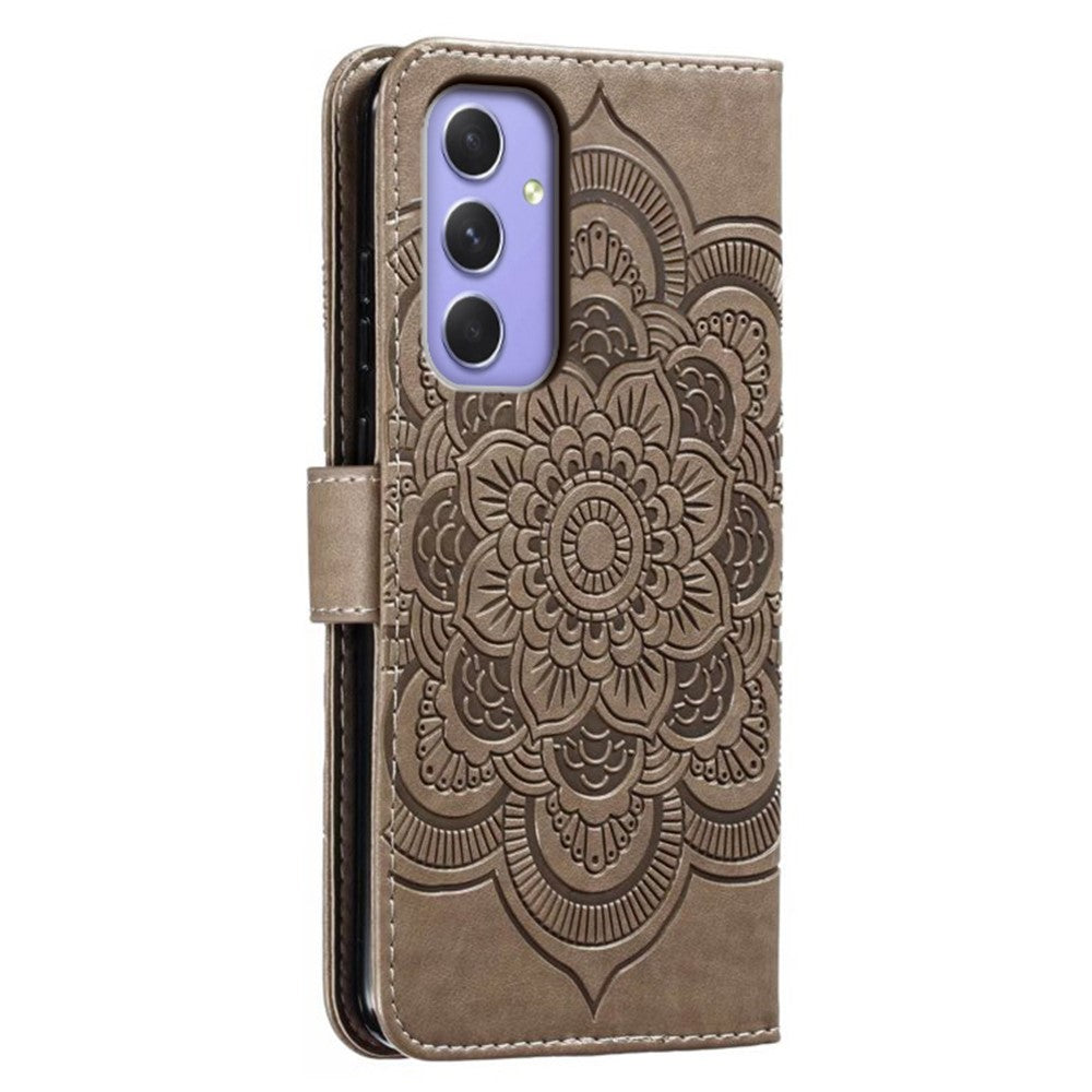 For Samsung Galaxy A57 5G Case PU Leather Mandala Imprinted Design Wallet Phone Cover with Wrist Strap - Grey