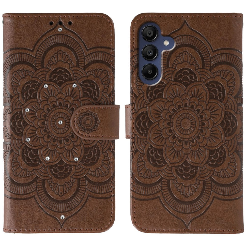 For Samsung Galaxy A57 5G Case Rhinestone Decor PU Leather Mandala Imprint Phone Cover with Wrist Strap - Brown
