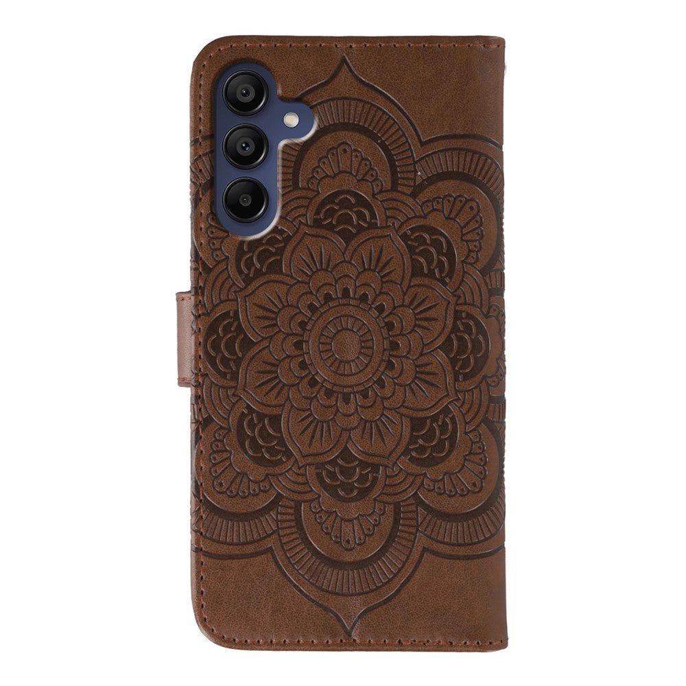 For Samsung Galaxy A57 5G Case Rhinestone Decor PU Leather Mandala Imprint Phone Cover with Wrist Strap - Brown