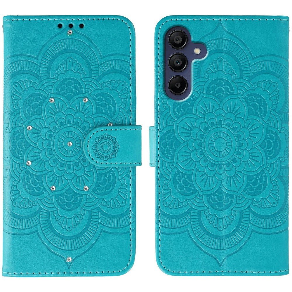 For Samsung Galaxy A57 5G Case Rhinestone Decor PU Leather Mandala Imprint Phone Cover with Wrist Strap - Blue