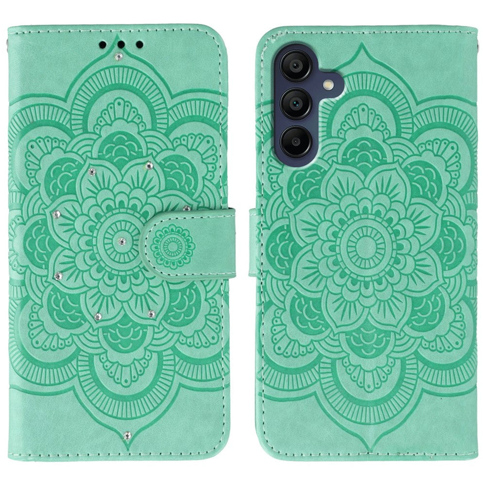 For Samsung Galaxy A57 5G Case Rhinestone Decor PU Leather Mandala Imprint Phone Cover with Wrist Strap - Green