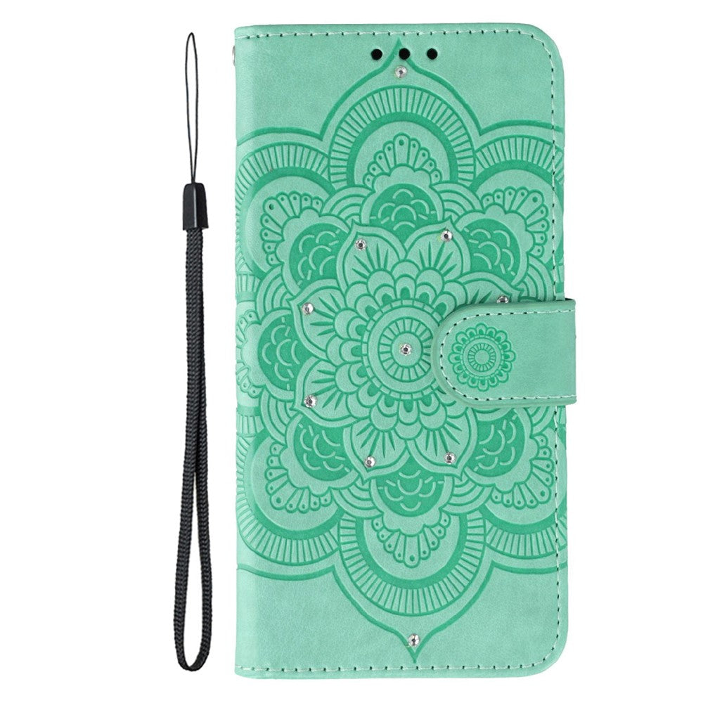 For Samsung Galaxy A57 5G Case Rhinestone Decor PU Leather Mandala Imprint Phone Cover with Wrist Strap - Green